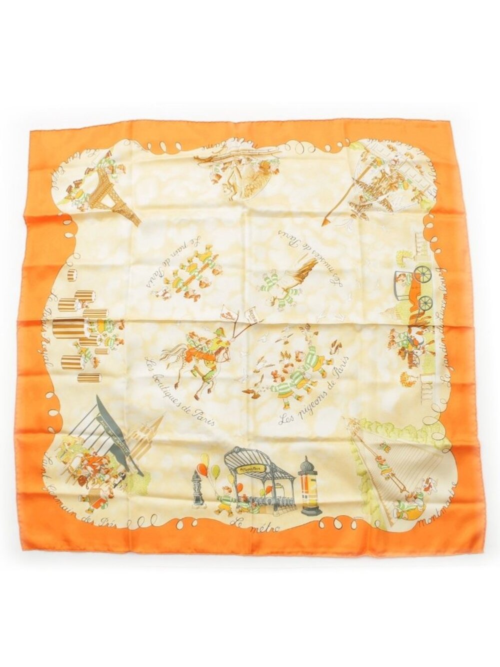 Hermes Carre 90 Silk les Triples de Paris Mischievous Triplets Scarf Orange